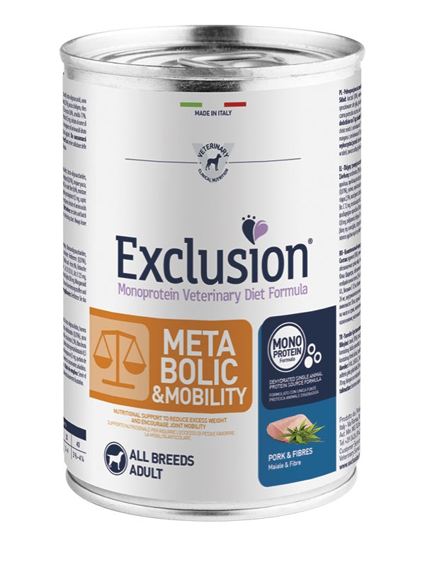 EXCLUSION CANE DIET METABOLIC & MOBILITY ADULTO ALL BREEDS MAIALE & FIBRE LATTINA 400 GR