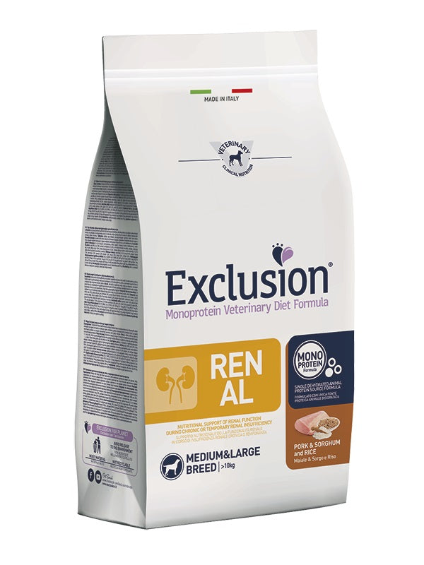 EXCLUSION CANE DIET RENAL ADULTO MEDIUM&LARGE MAIALE, SORGO & RISO 12 KG