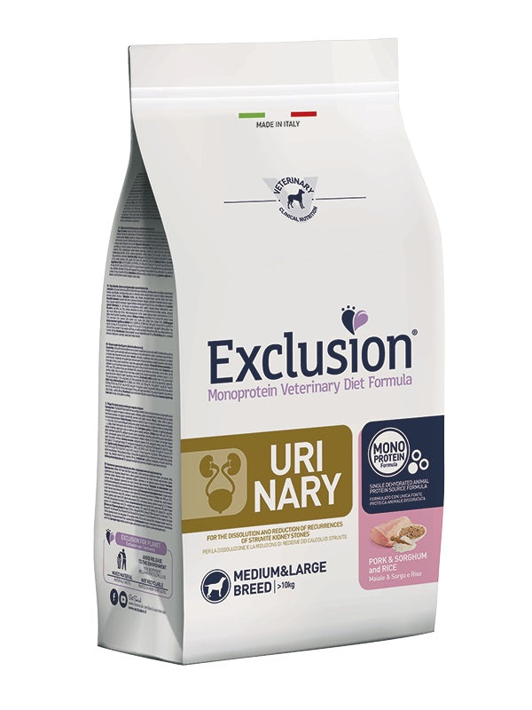 EXCLUSION CANE DIET URINARY ADULTO MEDIUM&LARGE MAIALE, SORGO & RISO 12 KG