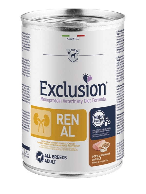 EXCLUSION CANE DIET RENAL ADULTO ALL BREEDS MAIALE, SORGO & RISO LATTINA 200 GR