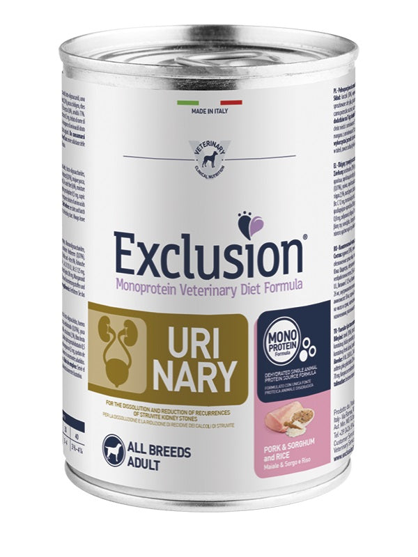EXCLUSION CANE DIET URINARY ADULTO ALL BREEDS MAIALE, SORGO & RISO LATTINA 400 GR