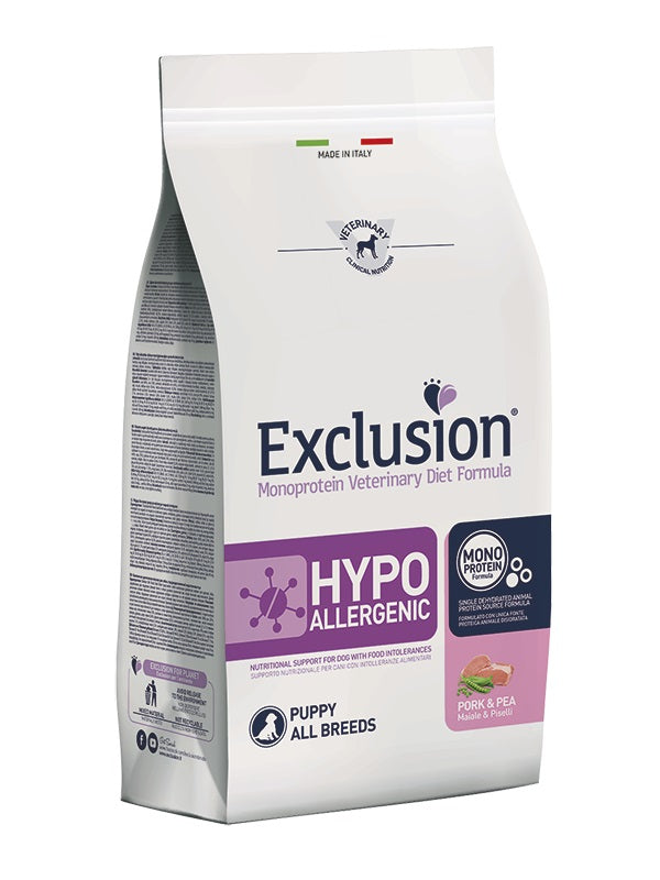 EXCLUSION CANE DIET HYPOALLERGENIC PUPPY ALL BREEDS MAIALE & PISELLI 12 KG