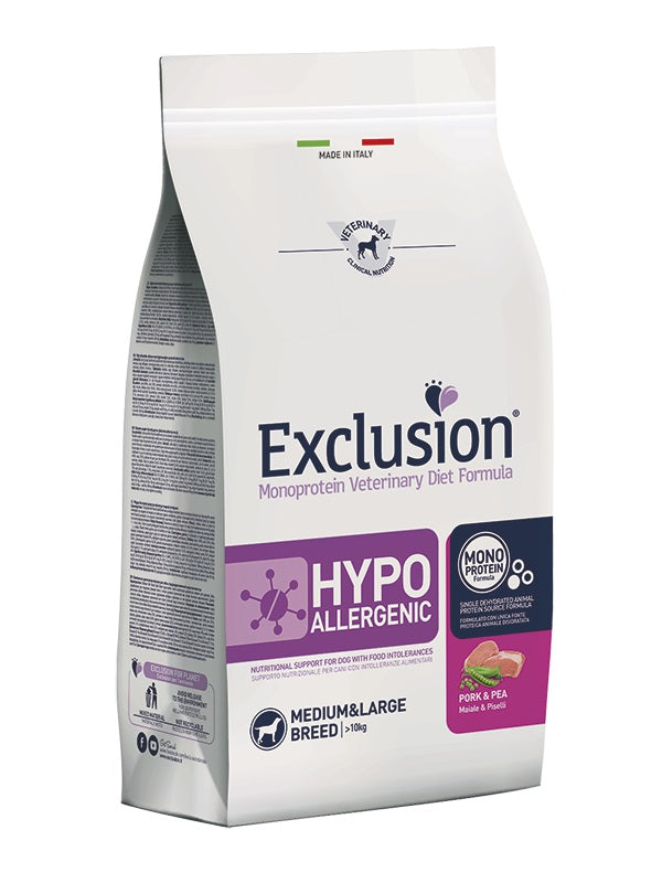 EXCLUSION CANE DIET HYPOALLERGENIC ADULTO MEDIUM&LARGE MAIALE & PISELLI 12 KG