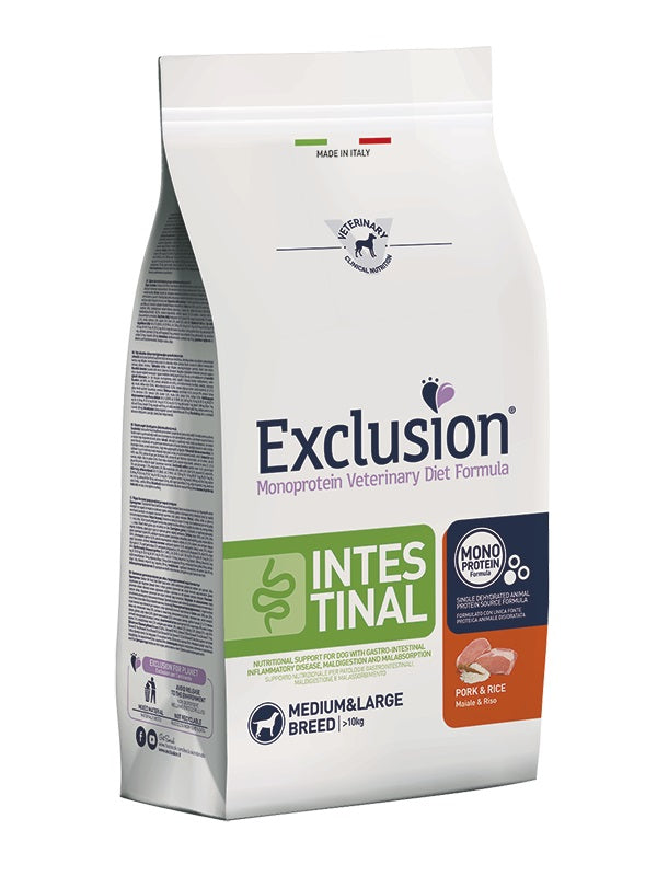 EXCLUSION CANE DIET INTESTINAL ADULTO MEDIUM&LARGE MAIALE & RISO 12 KG