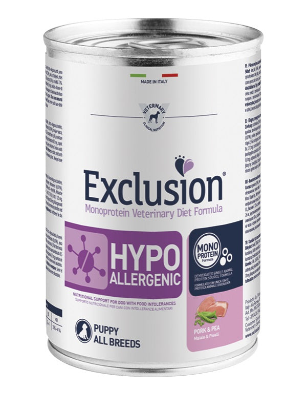 EXCLUSION CANE DIET HYPOALLERGENIC PUPPY ALL BREEDS MAIALE & PISELLI LATTINA 400 GR