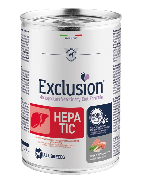 EXCLUSION CANE DIET HEPATIC ADULTO ALL BREEDS MAIALE, RISO & PISELLI LATTINA 200 GR