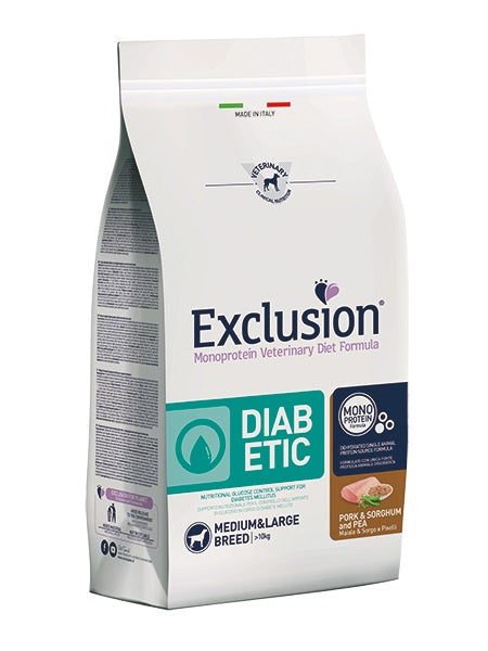 EXCLUSION CANE DIET DIABETIC ADULTO MEDIUM&LARGE MAIALE, SORGO & PISELLI 12 KG