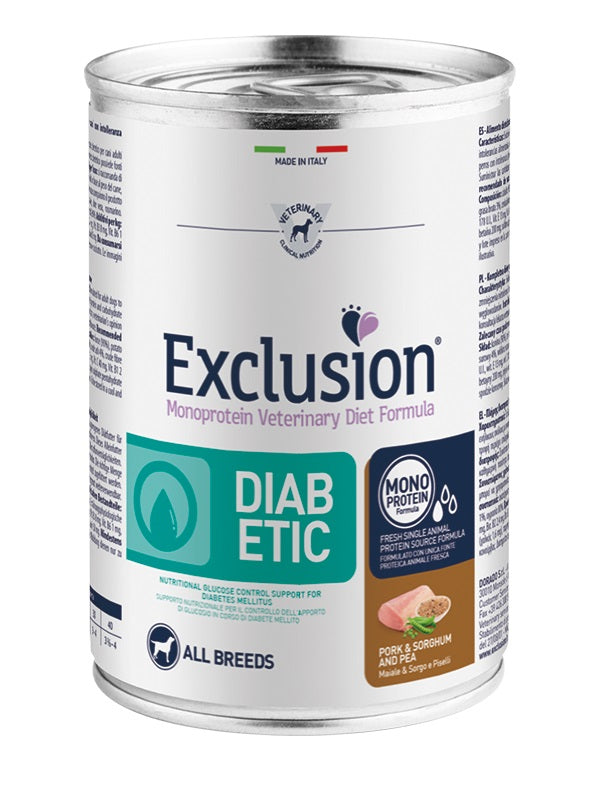 EXCLUSION CANE DIET DIABETIC ADULTO ALL BREEDS MAIALE, SORGO & PISELLI LATTINA 200 GR