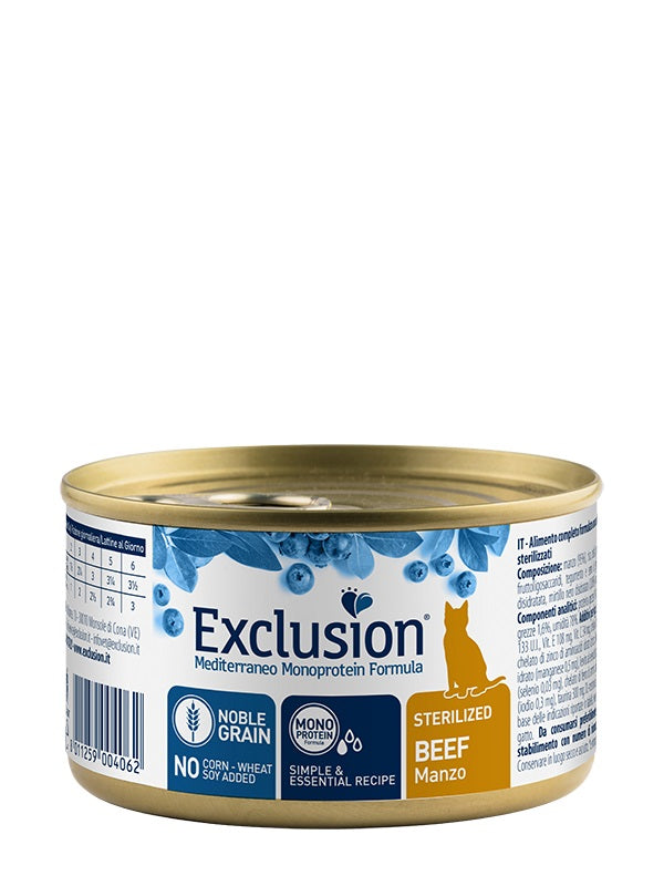 EXCLUSION GATTO MEDITERRANEO ADULTO STERILIZZATO MANZO LATTINA 85 GR