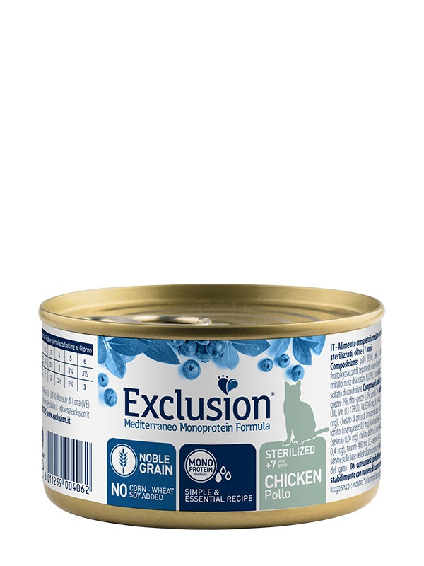 EXCLUSION GATTO MEDITERRANEO ADULTO STERILIZZATO +7 POLLO LATTINA 85 GR