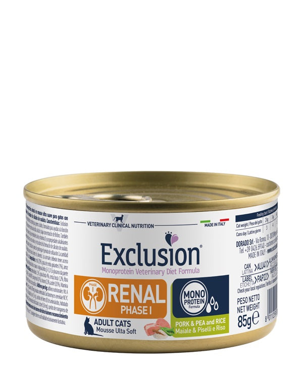 EXCLUSION GATTO DIET RENAL FASE 1 ADULTO MAIALE, PISELLI & RISO LATTINA 85 GR