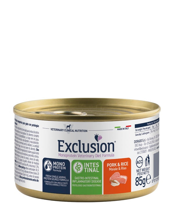 EXCLUSION GATTO DIET INTESTINAL ADULTO MAIALE & RISO LATTINA 85 GR