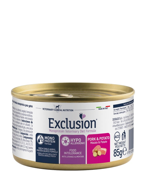 EXCLUSION GATTO DIET HYPOALLERGENIC ADULTO MAIALE & PATATE LATTINA 85 GR