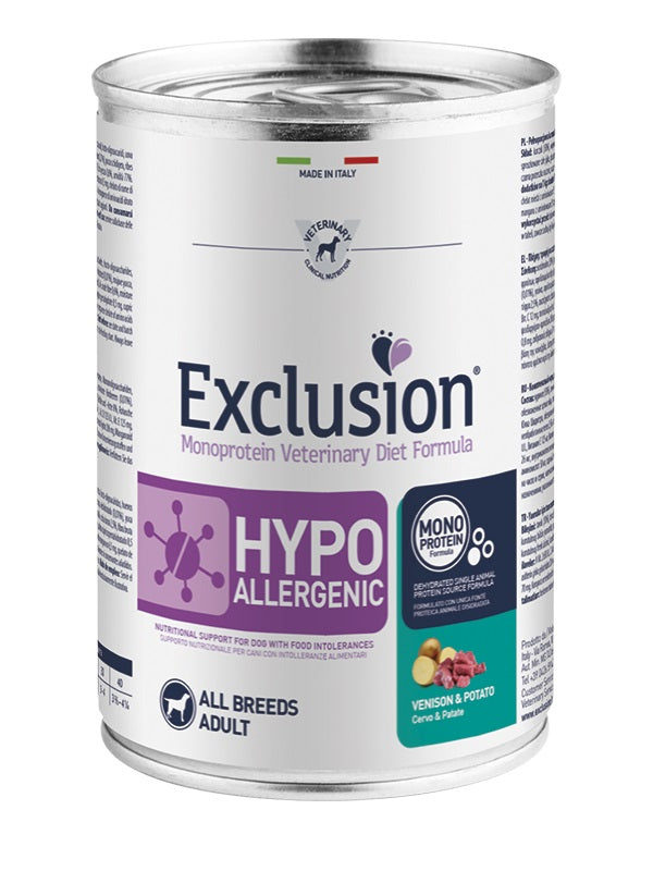 EXCLUSION CANE DIET HYPOALLERGENIC ADULTO ALL BREEDS CERVO & PATATE LATTINA 400 GR