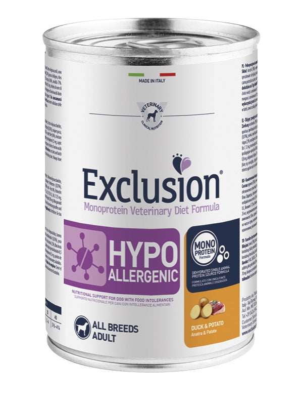 EXCLUSION CANE DIET HYPOALLERGENIC ADULTO ALL BREEDS ANATRA & PATATE LATTINA 400 GR