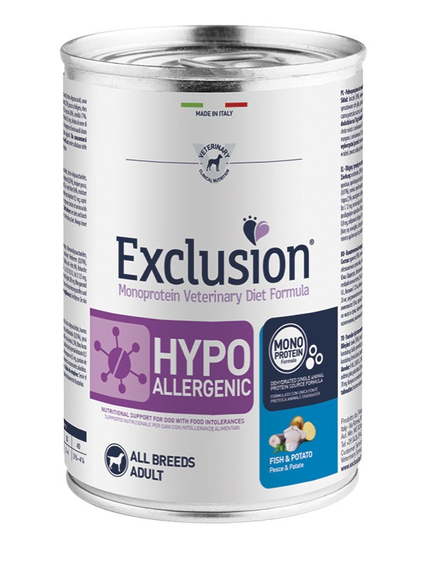 EXCLUSION CANE DIET HYPOALLERGENIC ADULTO ALL BREEDS PESCE & PATATE LATTINA 400 GR