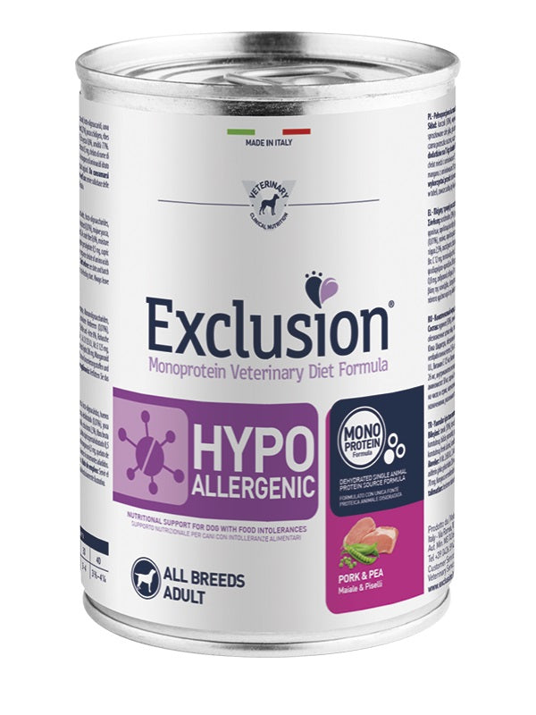 EXCLUSION CANE DIET HYPOALLERGENIC ADULTO ALL BREEDS MAIALE & PISELLI LATTINA 400 GR