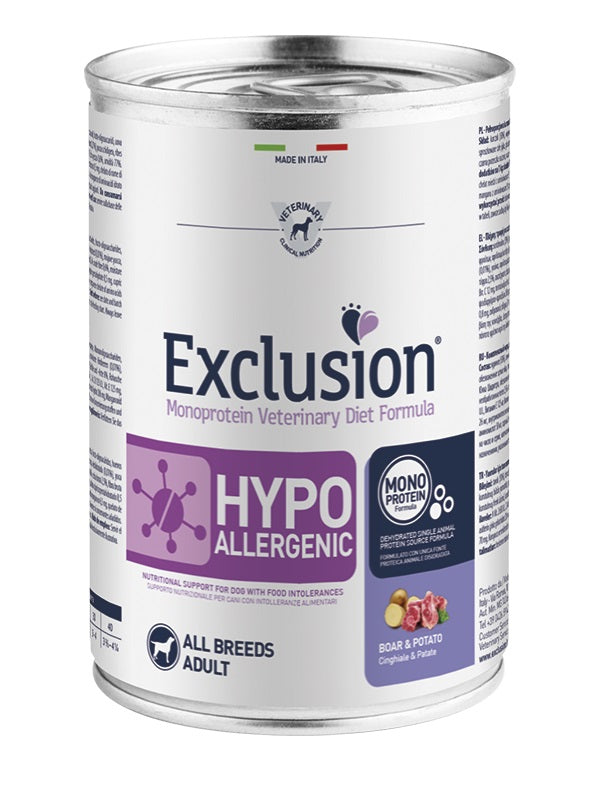 EXCLUSION CANE DIET HYPOALLERGENIC ADULTO ALL BREEDS CINGHIALE & PATATE LATTINA 400 GR