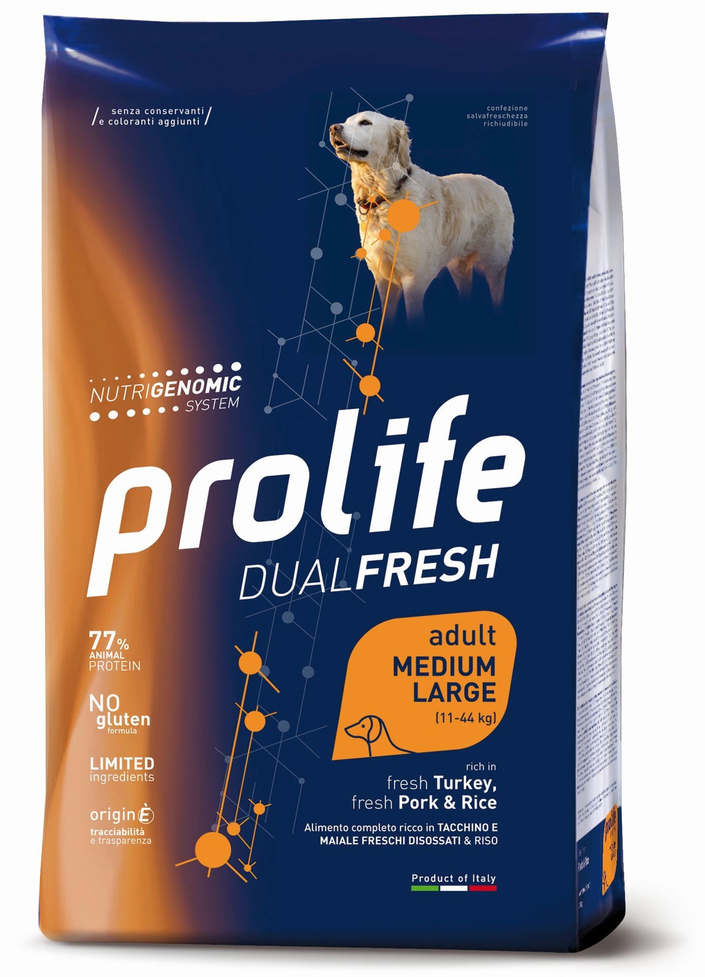 PROLIFE CANE DUAL FRESH ADULTO MEDIUM&LARGE TACCHINO, MAIALE & RISO 12 KG