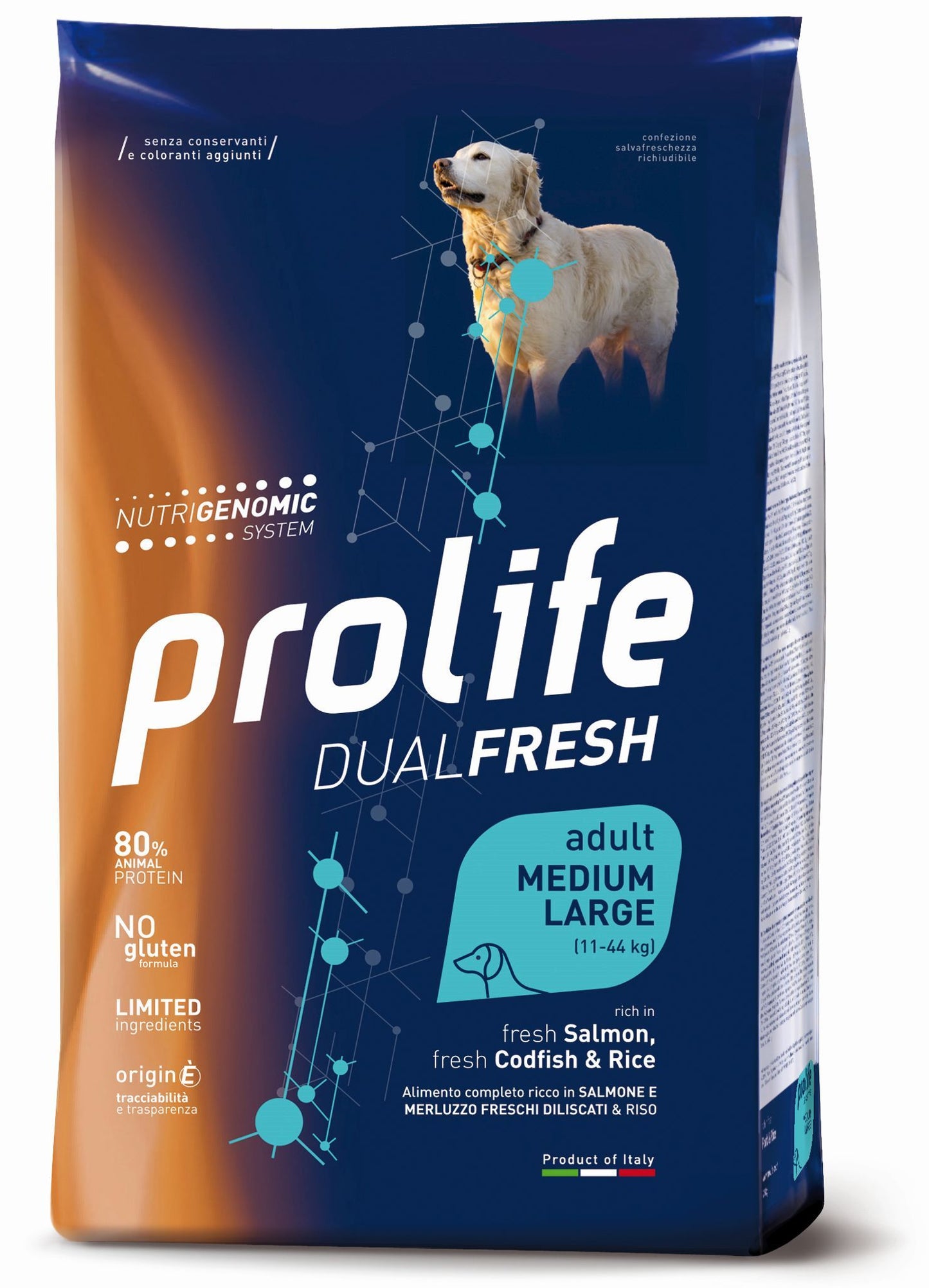 PROLIFE CANE DUAL FRESH ADULTO MEDIUM&LARGE SALMONE, MERLUZZO & RISO 12 KG