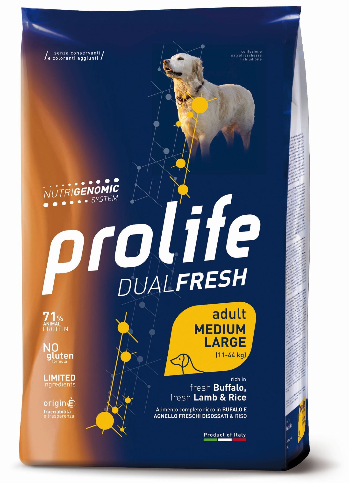 PROLIFE CANE DUAL FRESH ADULTO MEDIUM&LARGE BUFALO, AGNELLO & RISO 12 KG