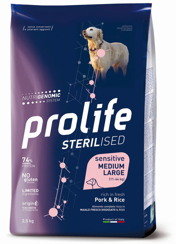 PROLIFE CANE STERILISED SENSITIVE ADULTO MEDIUM&LARGE MAIALE & RISO 12 KG
