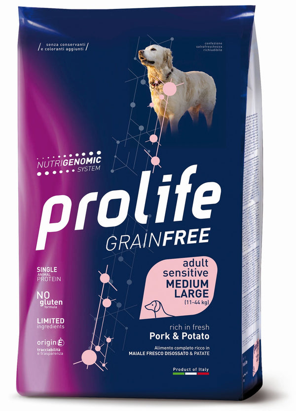 PROLIFE CANE GRAIN FREE SENSITIVE ADULTO MEDIUM&LARGE MAIALE & PATATE 10 KG
