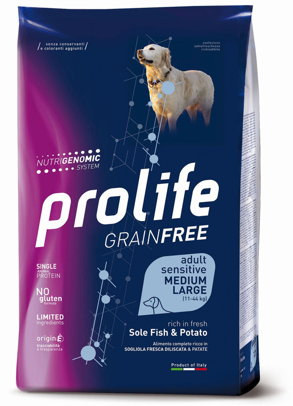 PROLIFE CANE GRAIN FREE SENSITIVE ADULTO MEDIUM&LARGE SOGLIOLA & PATATE 2,5 KG