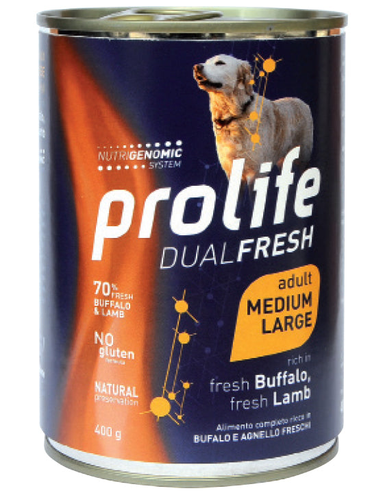PROLIFE CANE DUAL FRESH ADULTO MEDIUM&LARGE BUFALO, AGNELLO & RISO LATTINA 400 GR