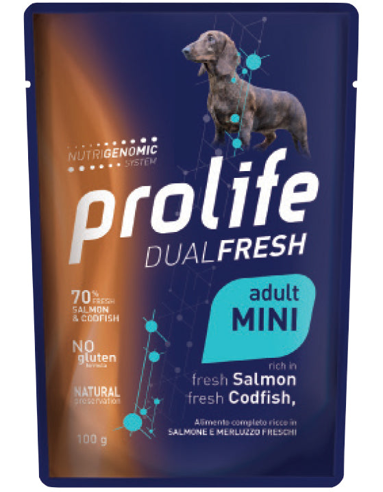 PROLIFE CANE DUAL FRESH ADULTO MINI SALMONE, MERLUZZO & RISO BUSTA 100 GR