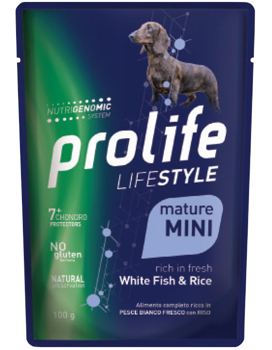 PROLIFE CANE LIFESTYLE MATURE MINI PESCE BIANCO & RISO BUSTA 100 GR