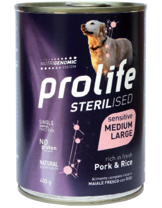 PROLIFE CANE STERILISED SENSITIVE ADULTO MEDIUM&LARGE MAIALE & RISO LATTINA 400 GR