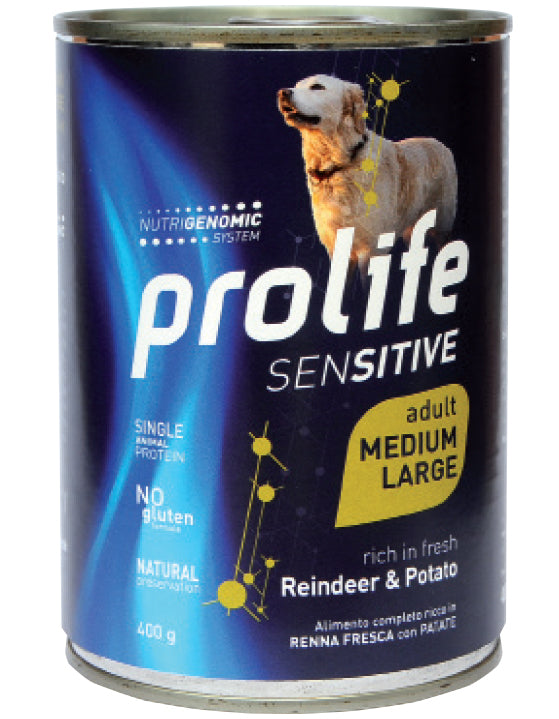 PROLIFE CANE SENSITIVE ADULTO MEDIUM&LARGE RENNA & PATATE LATTINA 400 GR