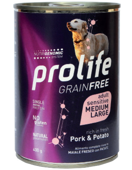 PROLIFE CANE GRAIN FREE SENSITIVE ADULTO MEDIUM&LARGE MAIALE & PATATE LATTINA 400 GR