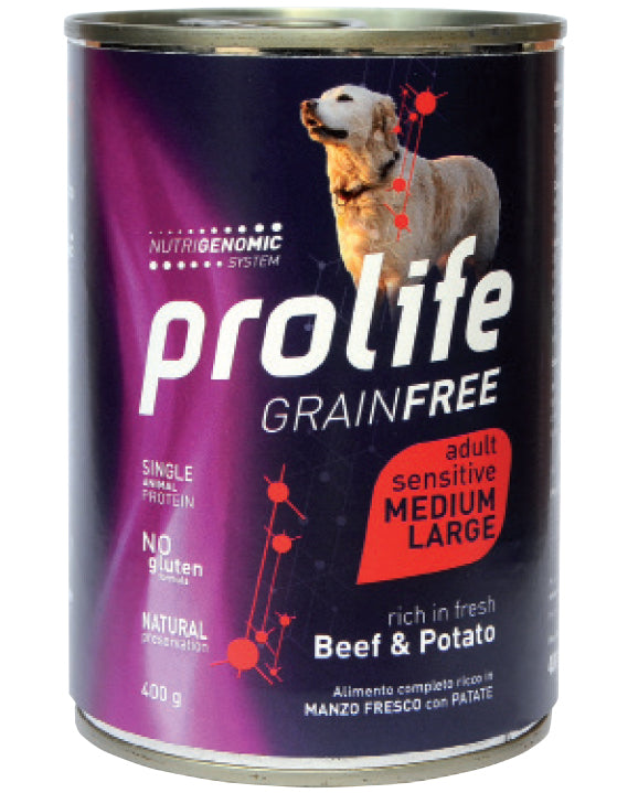 PROLIFE CANE GRAIN FREE SENSITIVE ADULTO MEDIUM&LARGE MANZO & PATATE LATTINA 400 GR