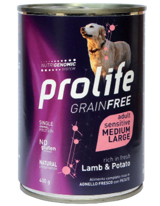 PROLIFE CANE GRAIN FREE SENSITIVE ADULTO MEDIUM&LARGE AGNELLO & PATATE LATTINA 400 GR