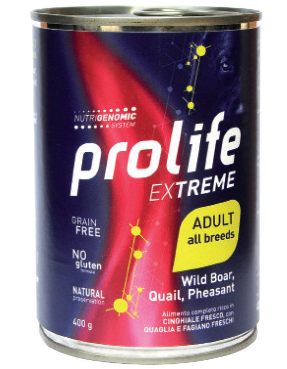 PROLIFE CANE EXTREME ADULTO ALL BREEDS CINGHIALE, QUAGLIA, FAGIANO & LEGUMI LATTINA 400 GR