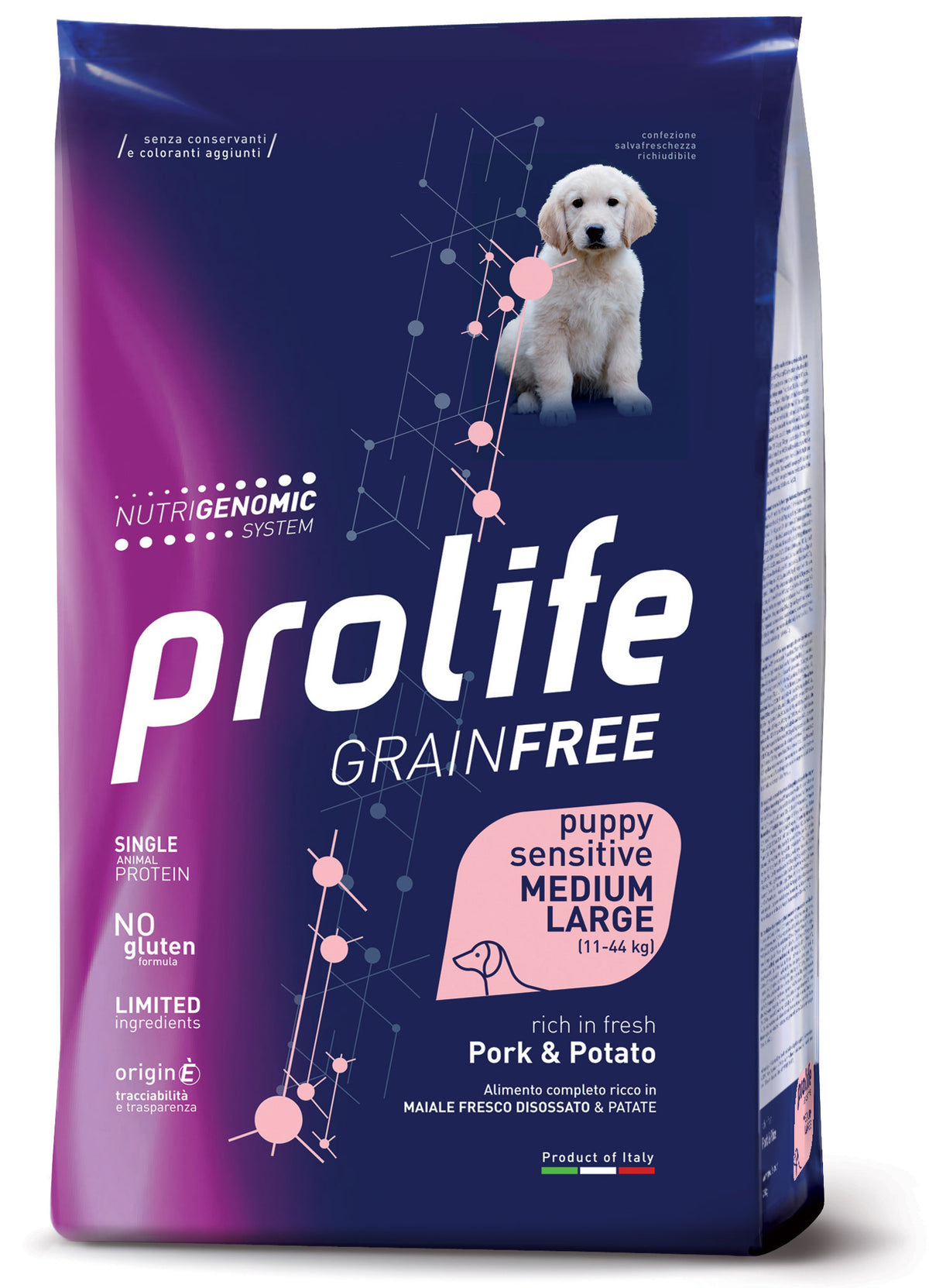 PROLIFE CANE GRAIN FREE SENSITIVE PUPPY MEDIUM&LARGE MAIALE & PATATE 10 KG