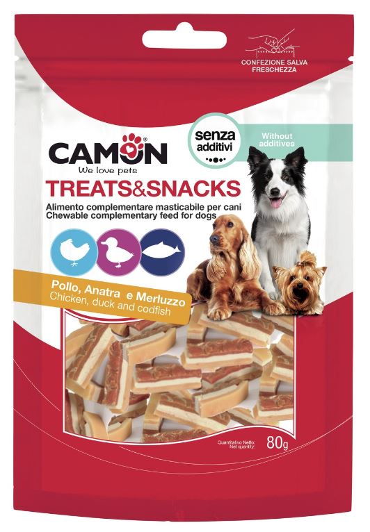 CAMON CANE SNACK BOCCONCINI DI POLLO, ANATRA E MERLUZZO 80 GR