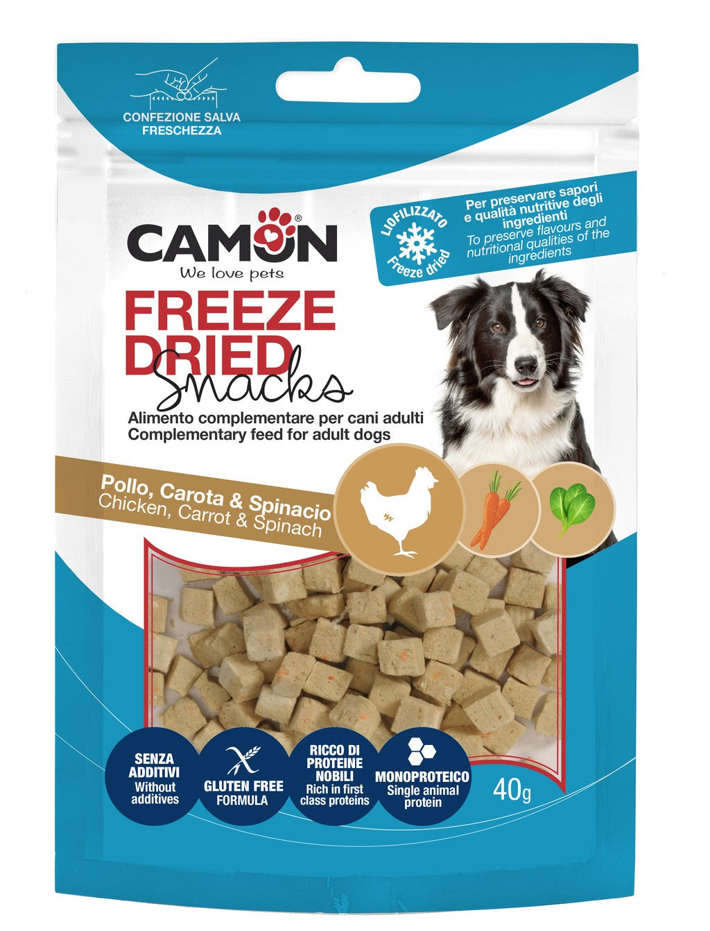 Confezione Camon dadini liofilizzati per cani con pollo carote e spinaci 40 g
