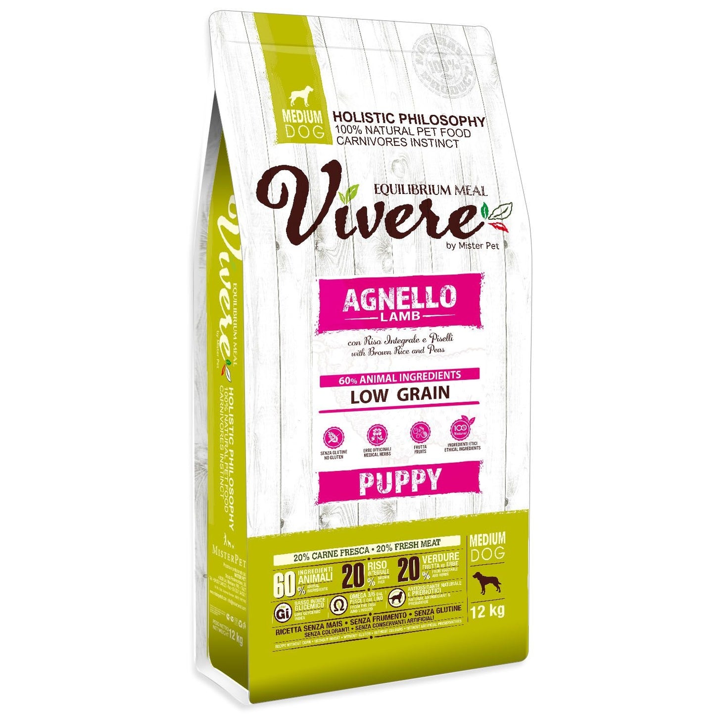 VIVERE CANE PUPPY MEDIUM AGNELLO, RISO INTEGRALE & PISELLI 12 KG
