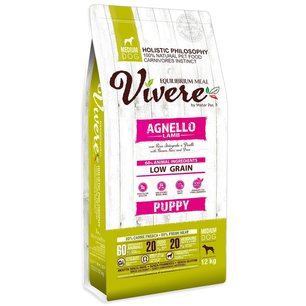 VIVERE CANE PUPPY MEDIUM AGNELLO, RISO INTEGRALE & PISELLI 12 KG