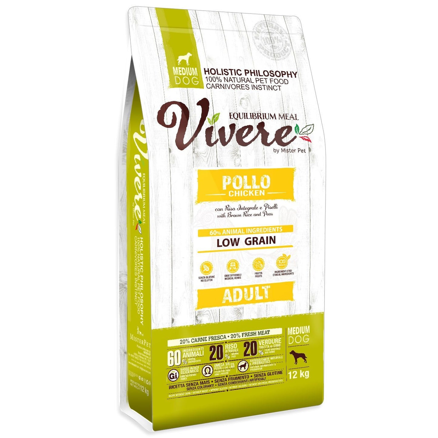 VIVERE CANE ADULTO MEDIUM POLLO, RISO INTEGRALE & PISELLI 12 KG