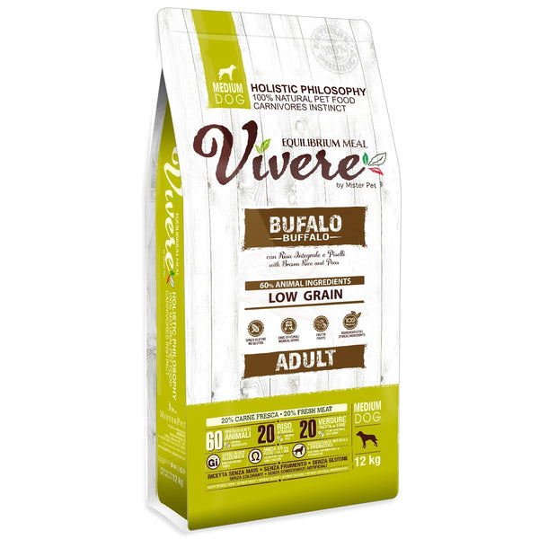 VIVERE CANE ADULTO MEDIUM BUFALO, RISO INTEGRALE & PISELLI 12 KG