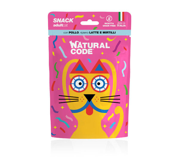 NATURAL CODE GATTO SNACK ADULTO POLLO, LATTE & MIRTILLI 60 GR