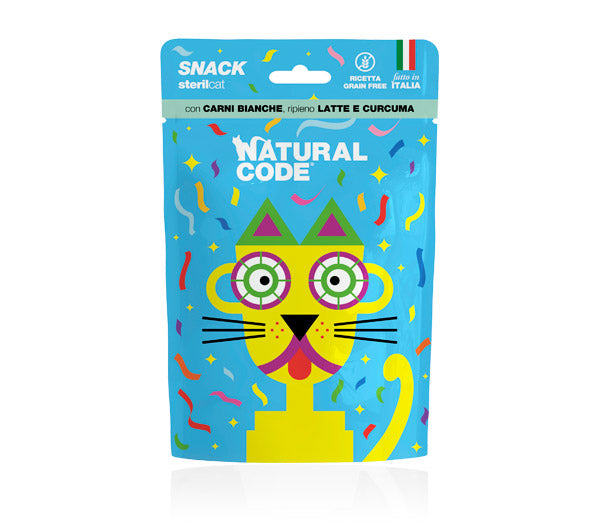 NATURAL CODE GATTO SNACK ADULTO STERILIZZATO CARNI BIANCHE, LATTE & CURCUMA 60 GR