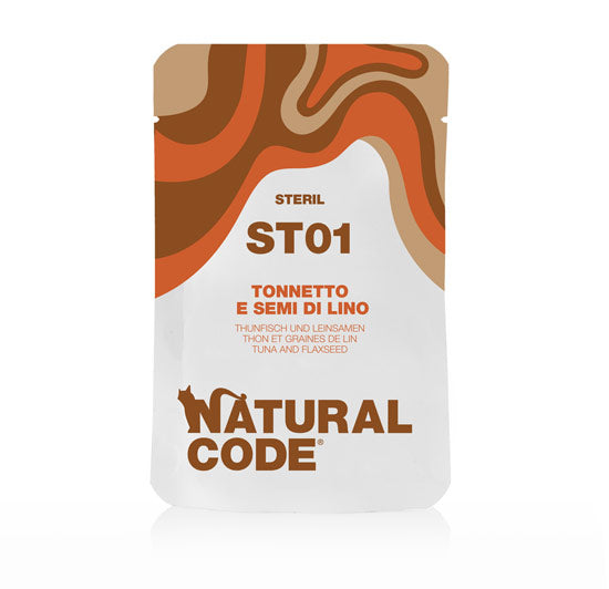 NATURAL CODE GATTO BUSTA (ST01) ADULTO STERILIZZATO TONNETTO & SEMI DI LINO 70 GR