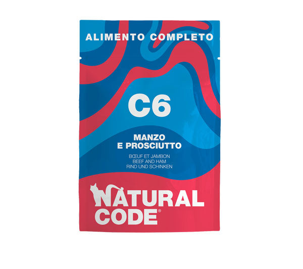 NATURAL CODE GATTO BUSTA (C6) ADULTO COMPLETO MANZO & PROSCIUTTO 70 GR