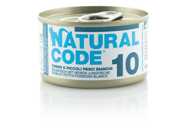 NATURAL CODE GATTO LATTINA (10) ADULTO TONNO & PICCOLI PESCI BIANCHI 85 GR