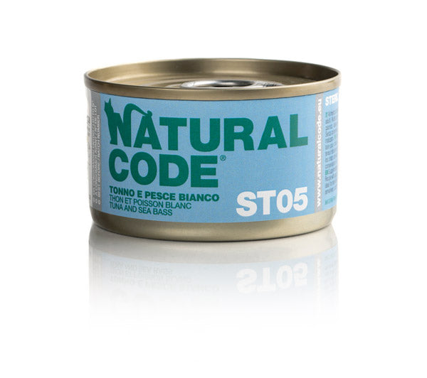NATURAL CODE GATTO LATTINA (ST05) ADULTO STERILIZZATO TONNO & PESCE BIANCO 85 GR